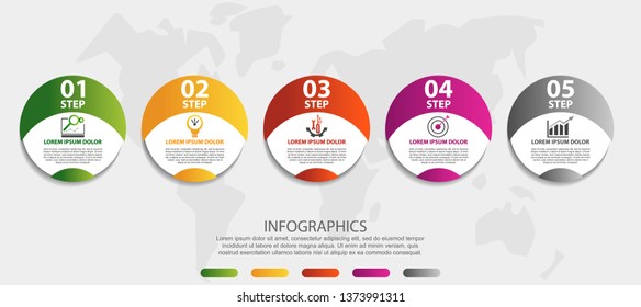 Modern 3D vector illustration. Circular infographic template with five elements. Icons and text. Designed for business, presentations, web design, applications, interfaces, diagrams with 5 steps.