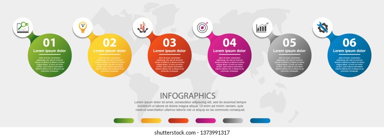 Modern 3D vector illustration. Circular infographic template with six elements. Icons and text. Designed for business, presentations, web design, applications, interfaces, diagrams with 6 steps.