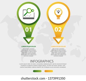 Modern 3D vector illustration. Circular infographic template with two elements, icons, arrows, text. Designed for business, presentations, web design, educations, interfaces, diagrams with 2 steps.