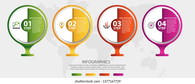 Modern 3D vector illustration. Circular infographic template with four elements. Icons and text. Designed for business, presentations, web design, applications, interfaces, diagrams with 4 steps