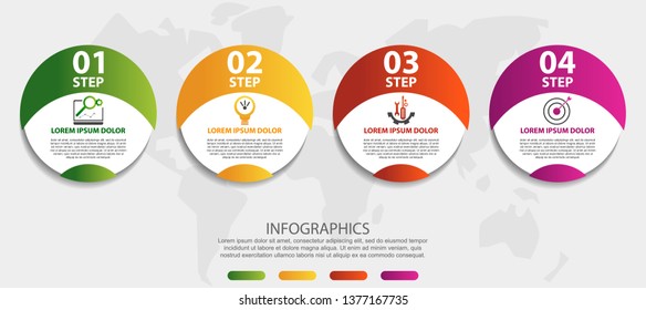 Modern 3D vector illustration. Circular infographic template with four elements. Icons and text. Designed for business, presentations, web design, applications, interfaces, diagrams with 4 steps.