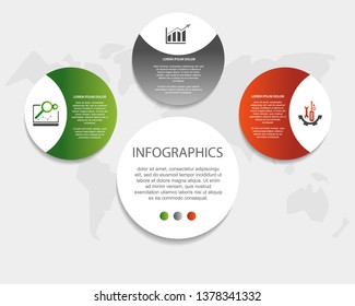 Modern 3D vector illustration. Circular infographic template with three elements. Icons and text. Designed for business, presentations, web design, applications, interfaces, diagrams with 3 steps.