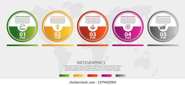Modern 3D vector illustration. Circular infographic template with five elements. Icons and text. Designed for business, presentations, web design, applications, interfaces, diagrams with 5 steps