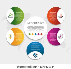 Ilustración vectorial 3D moderna. Plantilla infográfica circular con cinco elementos. Iconos y texto. Diseñado para empresas, presentaciones, diseño web, aplicaciones, interfaces, diagramas con 5 pasos
