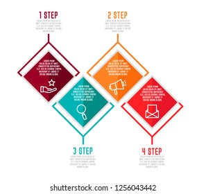 Modern 3D vector illustration. Infographic template with four elements, rhombus. Timeline step by step. Designed for business, presentations, web design, diagrams, chart, training with 4 steps