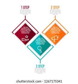 Modern 3D vector illustration. Infographic template with three elements, rhombus. Timeline step by step. Designed for business, presentations, web design, diagrams, chart, training with 3 steps