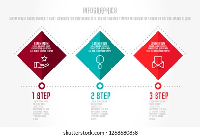 Modern 3D vector illustration. Infographic template with three elements, rhombus. Timeline step by step. Designed for business, presentations, web design, diagrams, chart, training with 3 steps