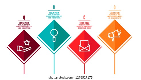 Modern 3D vector illustration. Infographic template with four elements, rhombus. Timeline step by step. Designed for business, presentations, web design, diagrams, chart, training with 4 steps.