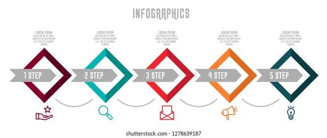 Modern 3D vector illustration. Infographic template with five rhombus, arrows. Timeline step by step. Designed for business, presentations, web design, diagrams, chart, training with 5 steps.