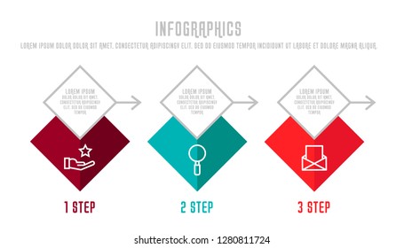 Modern 3D vector illustration. Infographic template with three elements, rhombus. Timeline step by step. Designed for business, presentations, web design, diagrams, chart, training with 3 steps