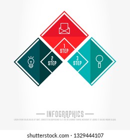 Modern 3D vector illustration. Infographic template with three elements, rhombus. Timeline step by step. Designed for business, presentations, web design, diagrams, chart, training with 3 steps.