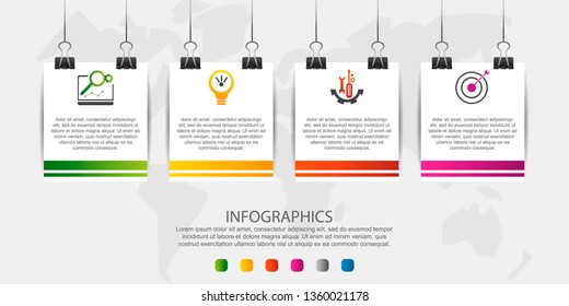 Modern 3D vector illustration. Infographic square template with four elements, icons, clips. Step by step designed for business, presentations, web design, interface, workflow, diagrams with 4 step