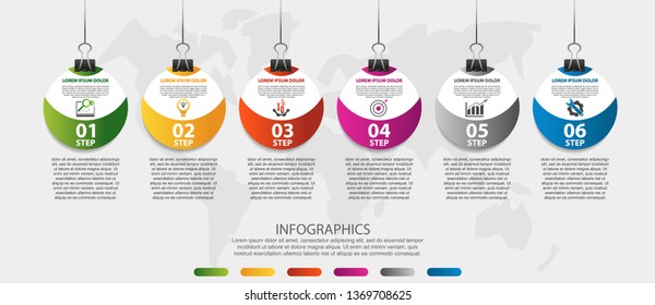Modern 3D vector illustration. Infographic circles template with six elements, icons, clips. Step by step designed for business, presentations, web design, interface, workflow, diagrams with 6 step