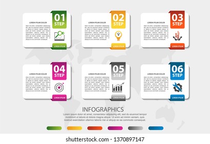 Modern 3D vector illustration. Infographic template with six elements, figures, rectangles, icons. Designed for business, presentations, web design, applications, interfaces, diagrams with 6 steps.