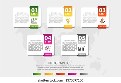 Modern 3D vector illustration. Infographic template with five elements, figures, rectangles, icons. Designed for business, presentations, web design, applications, interfaces, diagrams with 5 steps