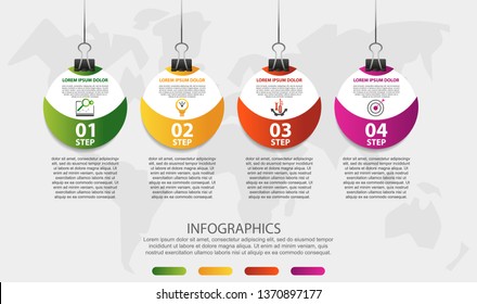 Modern 3D vector illustration. Infographic circles template with four elements, icons, clips. Step by step designed for business, presentations, web design, interface, workflow, diagrams with 4 step