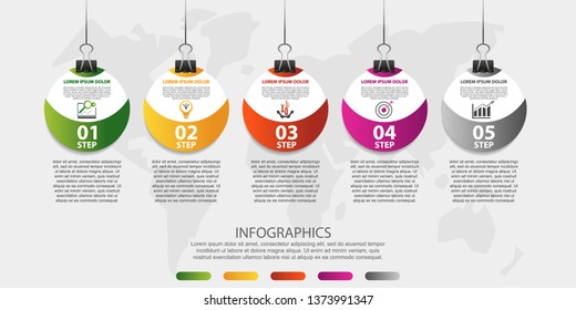 Modern 3D vector illustration. Infographic circles template with five elements, icons, clips. Step by step designed for business, presentations, web design, interface, workflow, diagrams with 5 step