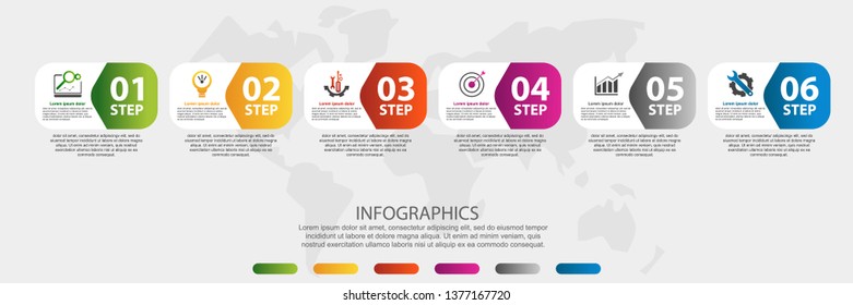 Modern 3D vector illustration. Infographic template with six elements, figures, rectangles, icons. Designed for business, presentations, web design, applications, interfaces, diagrams with 6 steps.