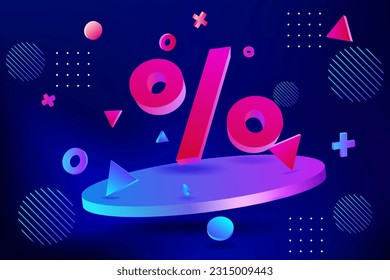 Ilustración moderna de vectores 3D de una escena de plataforma peatonal azul neón con signo de porcentaje para promoción de negocios, plantilla de volante, ofertas, ventas y descuentos. Fondo de diseño de geometría abstracta