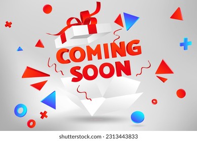 Modern 3D Vector Illustration of a Open Gift Box with Ribbon Bow for Promotional Advertisement, Coming Soon Banner Template, Glitter Decoration and Red Explosion. Surprise Present opening. Geometric 