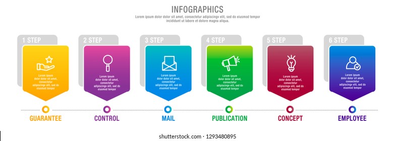 Modern 3D vector illustration. Pentagon step lable infographic template with six elements and icons. Designed for business, presentations, marketing, websites, print, workflow layout, 6-step diagrams.