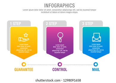 Modern 3D vector illustration. Pentagon step lable infographic template with three elements and icons. Designed for business, presentations, marketing, websites, workflow layout, 3-step diagrams.