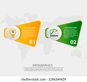 Modern 3D vector illustration. Petal label infographic template with two elements and circles. Contains icons and text. Designed for business, presentations, workflow layout, 2 step diagrams.