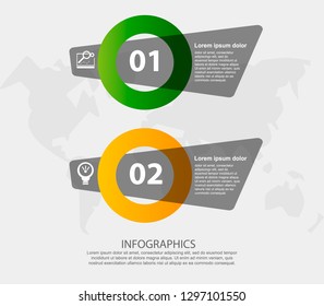 Modern 3D vector illustration. Petal label infographic template with two elements and circles. Contains icons and text. Designed for business, presentations, workflow layout, 2 step diagrams.