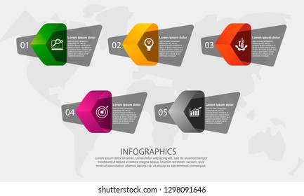 Modern 3D vector illustration. Petal label infographic template with five elements and triangle. Contains icons and text. Designed for business, presentations, workflow layout, 5 step diagrams.