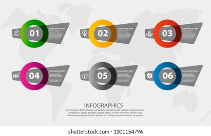 Ilustración vectorial 3D moderna. Plantilla de infografía de etiqueta de pétalo con seis Elementos y círculos. Contiene iconos y texto. Diseñado para negocios, presentaciones, diseño de flujo de trabajo, diagramas de 6 pasos.