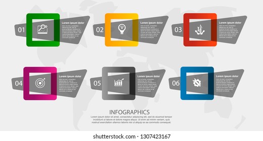 Modern 3D vector illustration. Petal label infographic template with six elements and squares. Contains icons and text. Designed for business, presentations, workflow layout, 6 step diagrams.
