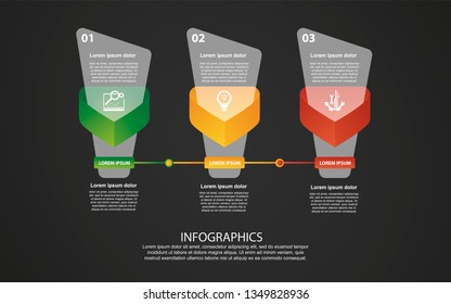 Modern 3D vector illustration. Petal label infographic template with three elements and triangle. Designed for business, presentations, workflow layout, 3 step diagrams on a dark background