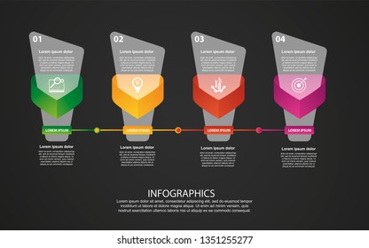 Modern 3D vector illustration. Petal label infographic template with four elements and triangle. Designed for business, presentations, workflow layout, 4 step diagrams on a dark background
