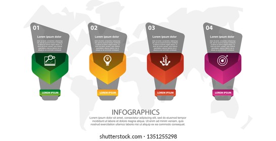 Modern 3D vector illustration. Petal label infographic template with four elements and triangle. Contains icons and text. Designed for business, presentations, workflow layout, 4 step diagrams.