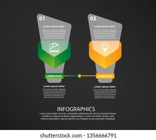 Modern 3D vector illustration. Petal label infographic template with two elements and triangle. Designed for business, presentations, workflow layout, 2 step diagrams on a dark background
