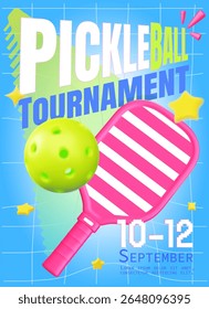 Modern 3D vector illustration of a pickleball tournament poster featuring a realistic pickleball paddle and ball with dynamic stars on a bright background. Perfect for sports event banners, flyers.