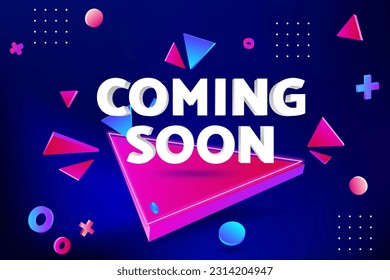 Modern 3D Vector Illustration of a Purple Triangle Pedestal Platform Scene for Technology Showcase, Geometric Poster Template, Neon Lights, Illuminated Shapes and Coming Soon Signboard. 