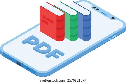 A modern 3D vector illustration showcasing a smartphone with colorful books and a prominent "PDF" label. Perfect for projects related to e-books, digital libraries, online learning, mobile apps.