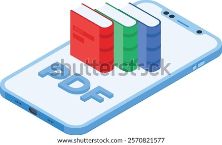 A modern 3D vector illustration showcasing a smartphone with colorful books and a prominent "PDF" label. Perfect for projects related to e-books, digital libraries, online learning, mobile apps.