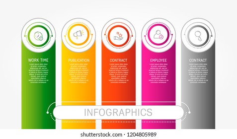 Modern 3D vector illustration. Template infographics with five elements, circles. Contains text and icons. Designed for business, presentations, web design, diagrams with 5 steps.