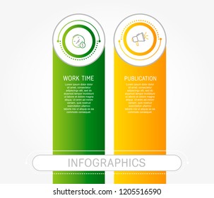Modern 3D vector illustration. Template infographics with two elements, circles. Contains text and icons. Designed for business, presentations, web design, diagrams with 2 steps.