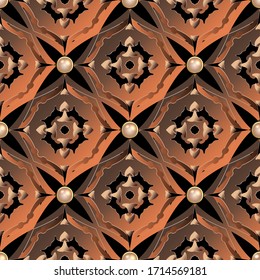 Modern 3d vector seamless pattern. Arabesque style symmetrical ornamental background. Abstract arabic repeat backdrop. Decorative jewelry vintage ornaments. Round 3d buttons, gemstones. Ornate design.