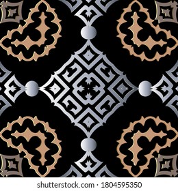Modern 3d vector seamless pattern. Abstract tribal ethnic arabesque style  background. Repeat colorful arabic backdrop with lines, shapes, flowers, circles, rhombu. Greek ornate geometric ornaments.