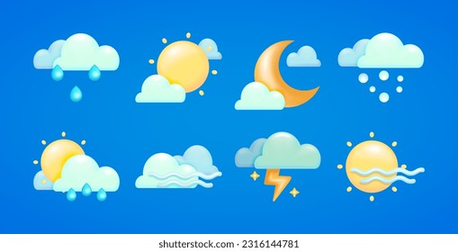 Modern 3d vector weather icon set. Vector symbol on blue background. Perfect for design assets