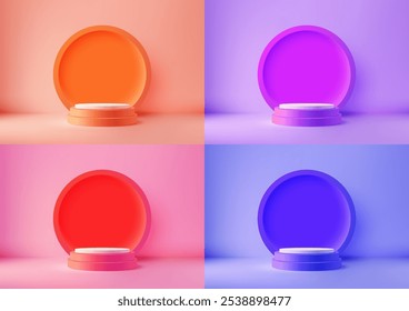 Modern 3D Vibrant Color and White Podium with Circle Backdrop on Soft Color Wall, Minimalist Product Display and Mockup Scene for Showrooms and Showcases