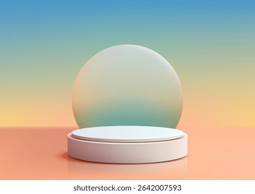 modern 3d white circular podium sits on a light orange surface with a vibrant gradient backdrop blending blue green and yellow, product mockup or showcase display
