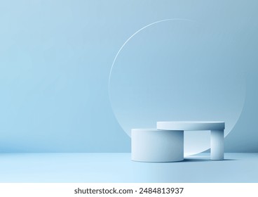 Modern 3D White Podium with Circle Glass Backdrop on Blue Background, Product Display Mockup