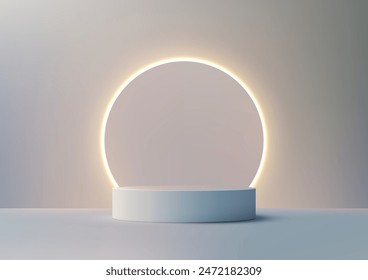 Modern 3D White Podium with Neon Circular Light on Stage, Perfect for Product Display, Mockup, Showroom, Showcase, Trendy and Elegant Design for Marketing