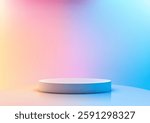 modern 3d white round platform on a reflective surface set against a vibrant gradient background of pastel pink, yellow, and blue hues, perfect for product display and mockup presentations