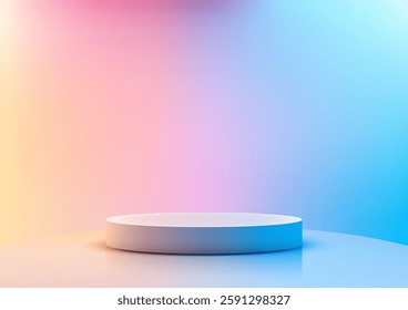 modern 3d white round platform on a reflective surface set against a vibrant gradient background of pastel pink, yellow, and blue hues, perfect for product display and mockup presentations